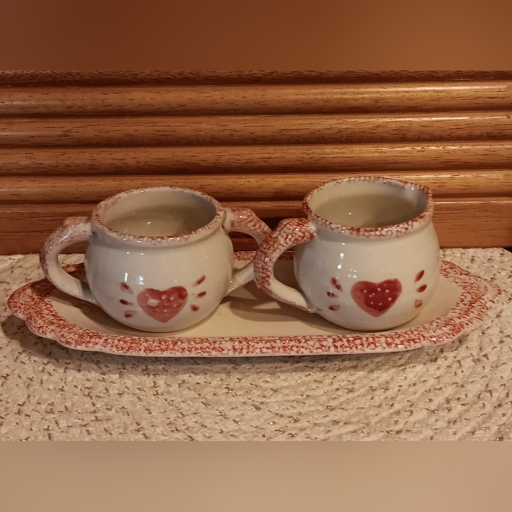 Vintage Loomco China Stoneware Heart Sponge Stamped Creamer & Sugar Bowl Set